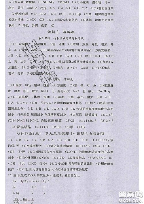 梯田文化2020春课堂点睛九年级化学下册人教版答案