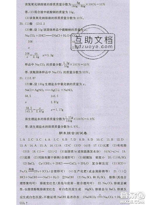 梯田文化2020春课堂点睛九年级化学下册人教版答案