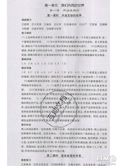 梯田文化2020春课堂点睛九年级政治下册人教版答案 梯田文化2020春课堂点睛九年级政治下册人教版答案