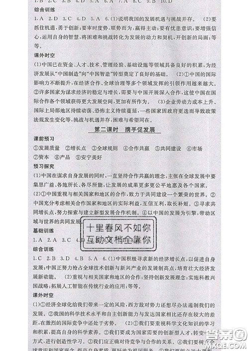 梯田文化2020春课堂点睛九年级政治下册人教版答案