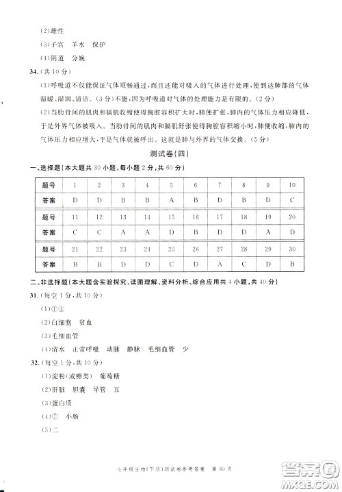 南粤学典2020年名师金典测试卷生物七年级下册R人教版参考答案