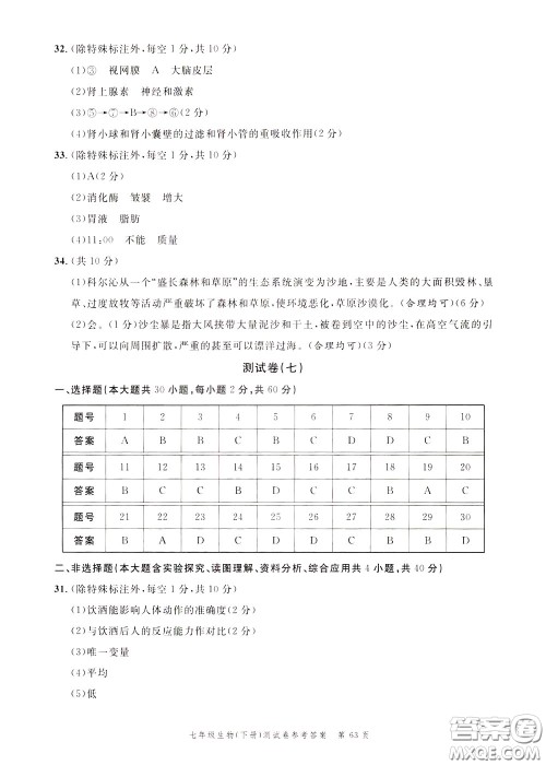 南粤学典2020年名师金典测试卷生物七年级下册R人教版参考答案 南粤学典2020年名师金典测试卷生物七年级下册R人教版参考答案
