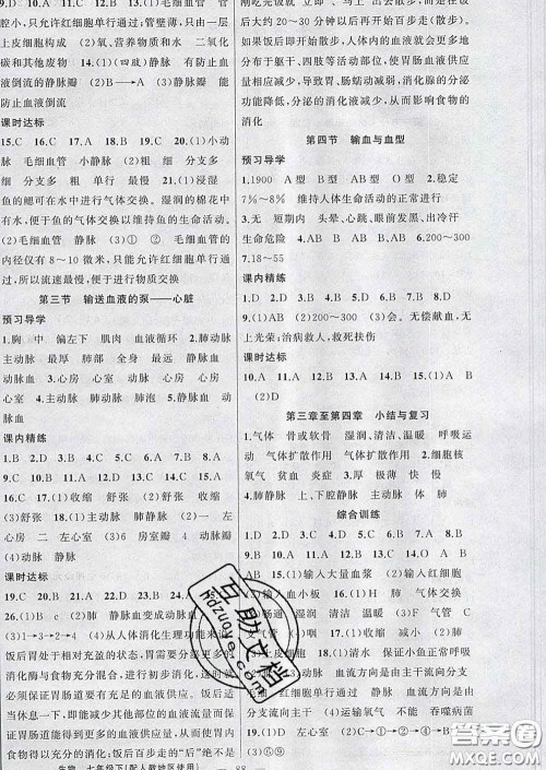 2020年黄冈金牌之路练闯考七年级生物下册人教版答案