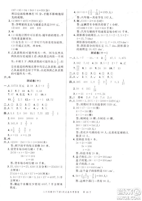 南粤学典2020年名师金典测试卷数学六年级下册R人教版参考答案