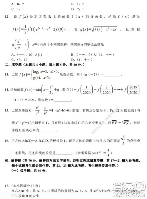 2020年河南省实验中学高三假期自主测试理科数学试题及答案