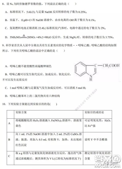 2020年河南省实验中学高三假期自主测试理科综合试题及答案 2020年河南省实验中学高三假期自主测试理科综合试题及答案