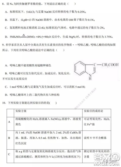 2020年河南省实验中学高三假期自主测试理科综合试题及答案