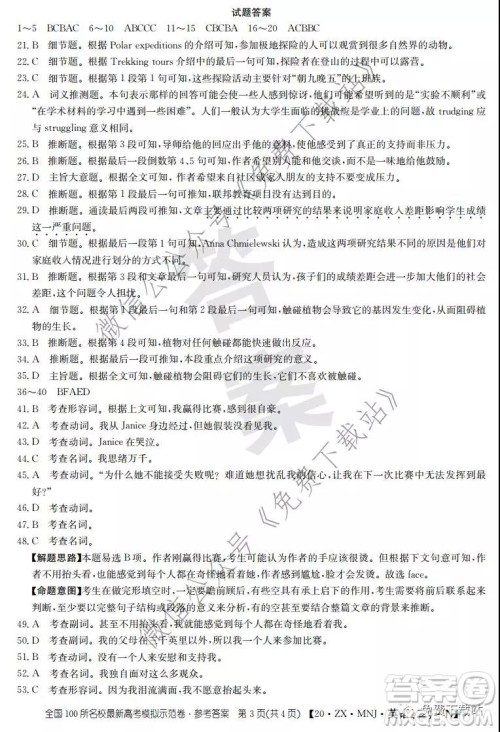 2020年全国100所名校最新高考模拟示范卷二英语答案