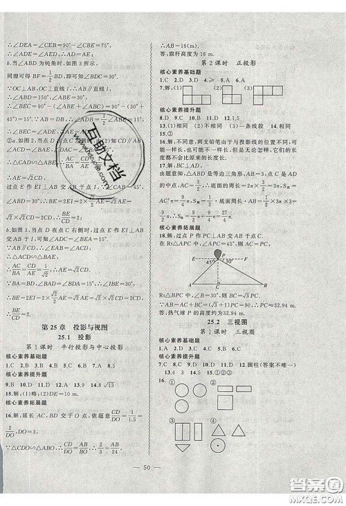 2020年创新课堂创新作业本九年级数学下册沪科版答案