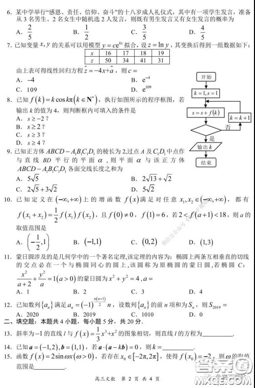 2019-2020学年下学期全国百强名校领军考试高三文科数学试题及答案