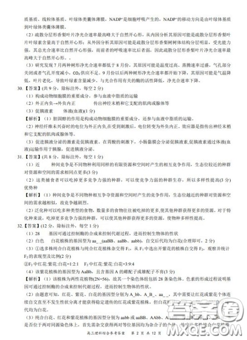 2019-2020学年下学期全国百强名校领军考试高三理科综合答案 2019-2020学年下学期全国百强名校领军考试高三理科综合答案