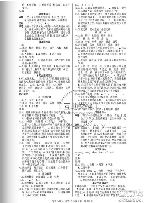 新世纪出版社2020新版先锋小状元五年级语文下册人教版答案