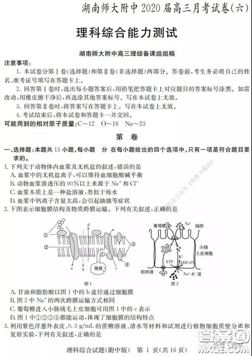 炎德英才大联考湖南师大附中2020届高三月考试卷六理科综合试题及答案