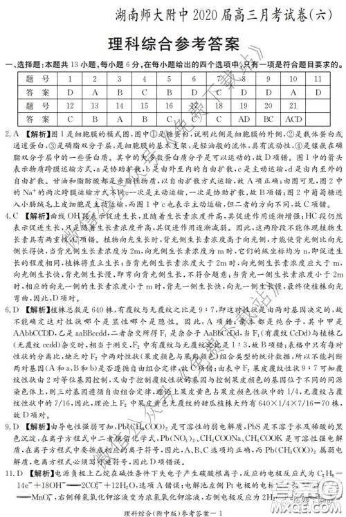 炎德英才大联考湖南师大附中2020届高三月考试卷六理科综合试题及答案 炎德英才大联考湖南师大附中2020届高三月考试卷六理科综合试题及答案