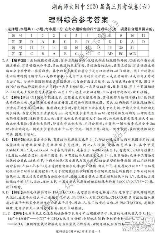 炎德英才大联考湖南师大附中2020届高三月考试卷六理科综合试题及答案