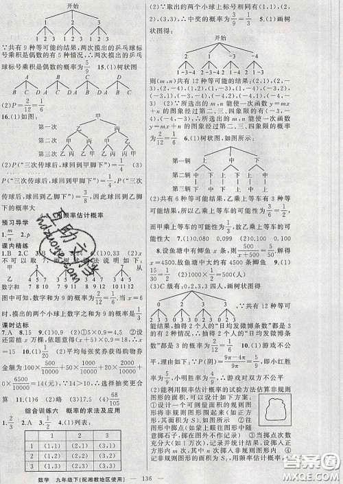 2020年黄冈金牌之路练闯考九年级数学下册湘教版答案