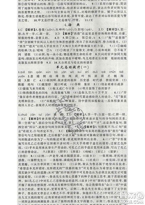 2020年黄冈金牌之路练闯考九年级语文下册人教版答案 2020年黄冈金牌之路练闯考九年级语文下册人教版答案