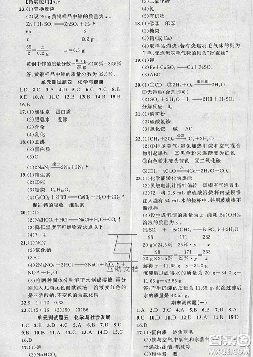 2020年黄冈金牌之路练闯考九年级化学下册鲁教版答案