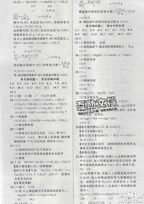 2020年黄冈金牌之路练闯考九年级化学下册鲁教版答案