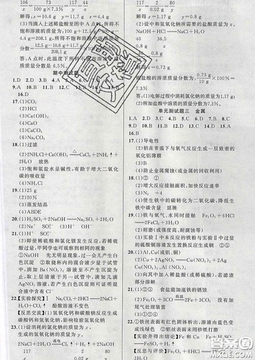 2020年黄冈金牌之路练闯考九年级化学下册鲁教版答案