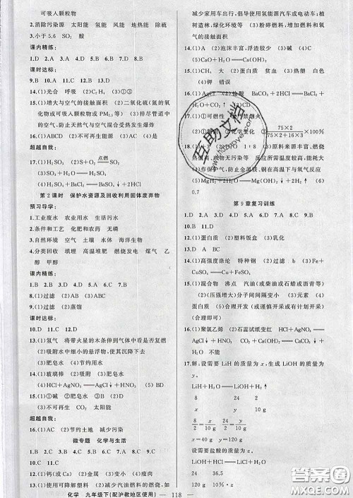 2020年黄冈金牌之路练闯考九年级化学下册沪教版答案 2020年黄冈金牌之路练闯考九年级化学下册沪教版答案