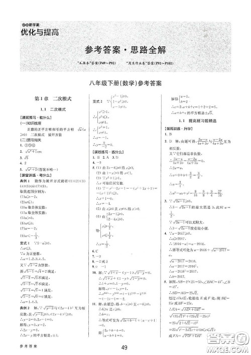 天津科学技术出版社2020初中新学案优化与提高八年级数学下册B版答案