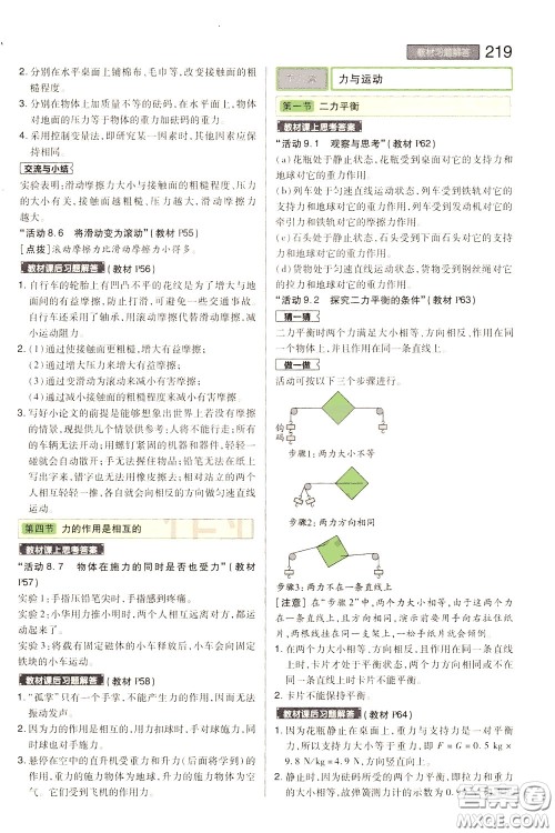 2020年王后雄初中教材完全解读八年级下册物理SKWL苏科版参考答案