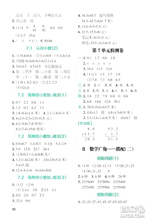 辽宁教育出版社2020年小学教材搭档高效训练册数学三年级下RJ版人教版参考答案