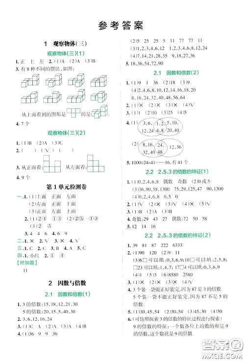 辽宁教育出版社2020年小学教材搭档高效训练册数学五年级下RJ版人教版参考答案