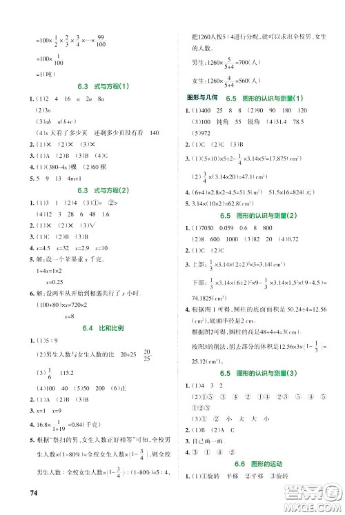 辽宁教育出版社2020年小学教材搭档高效训练册数学六年级下RJ版人教版参考答案