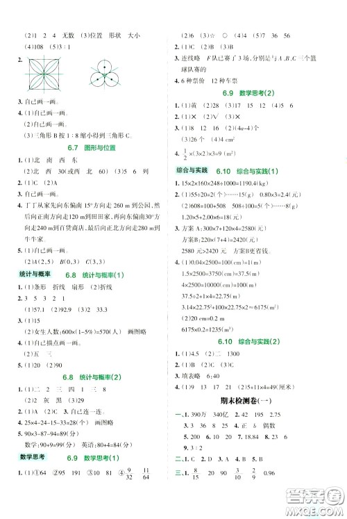 辽宁教育出版社2020年小学教材搭档高效训练册数学六年级下RJ版人教版参考答案