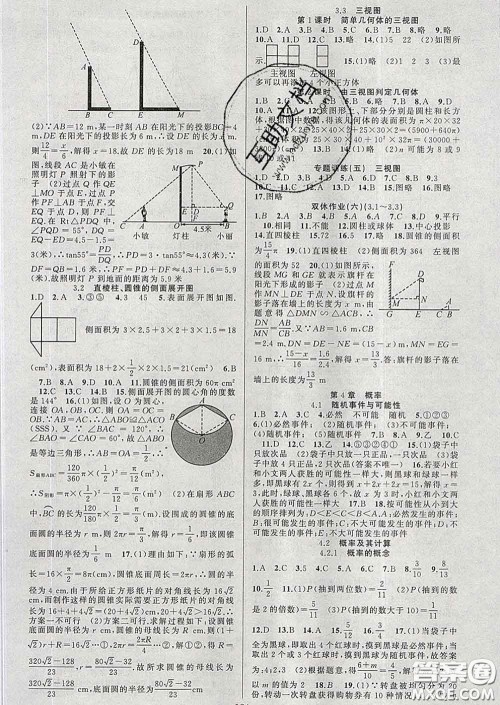 新疆青少年出版社2020春黄冈100分闯关九年级数学下册湘教版答案