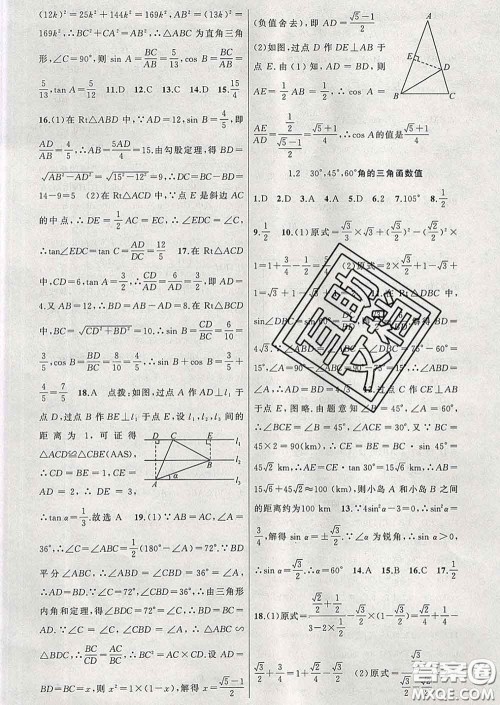 2020春北师版黄冈100分闯关九年级数学下册答案