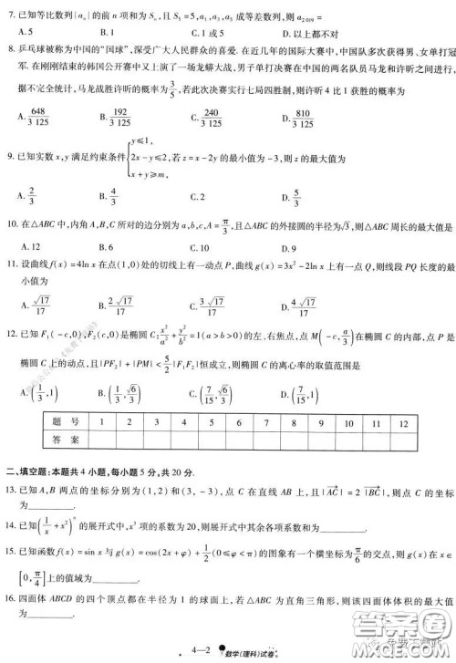 天一大联考2020届高考全真模拟卷四理科数学试题及答案