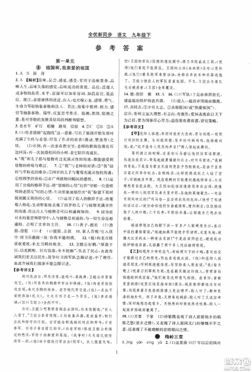 浙江教育出版社2020全优新同步九年级语文下册新课标答案