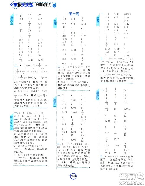 2020年常规天天练计算提优六年级下册数学SJ苏教版参考答案