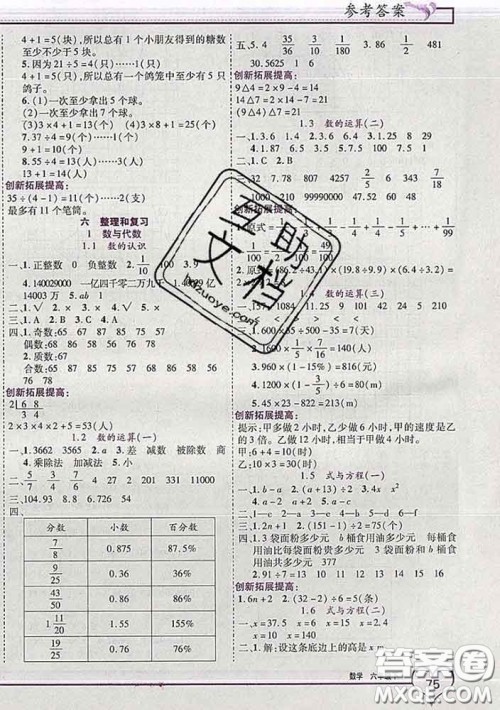 2020新版新全优全优备考六年级数学下册人教版答案