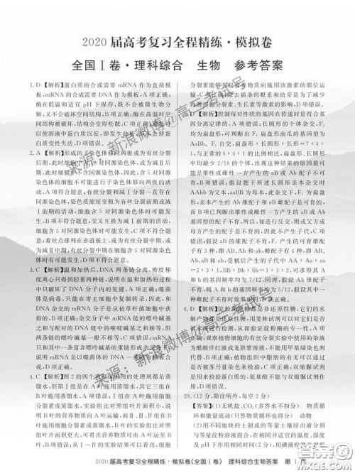 百校联盟2020届高考复习全程精练模拟卷Ⅰ卷理科综合答案 百校联盟2020届高考复习全程精练模拟卷Ⅰ卷理科综合答案