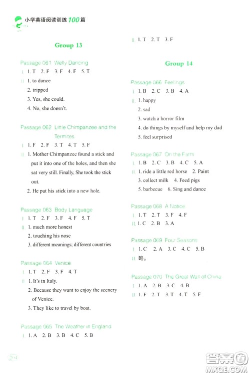 2020年一本小学英语阅读训练100篇五年级参考答案