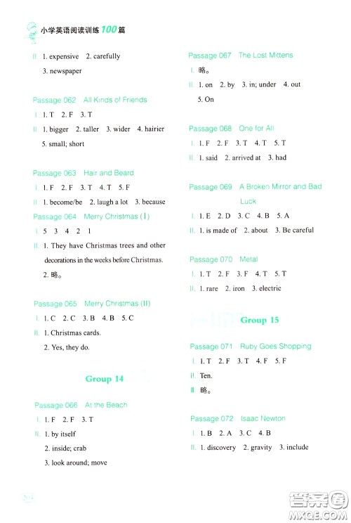 2020年一本小学英语阅读训练100篇六年级参考答案