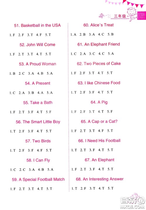 方洲新概念2020年小学生英语阅读能力训练100篇三年级参考答案 方洲新概念2020年小学生英语阅读能力训练100篇三年级参考答案