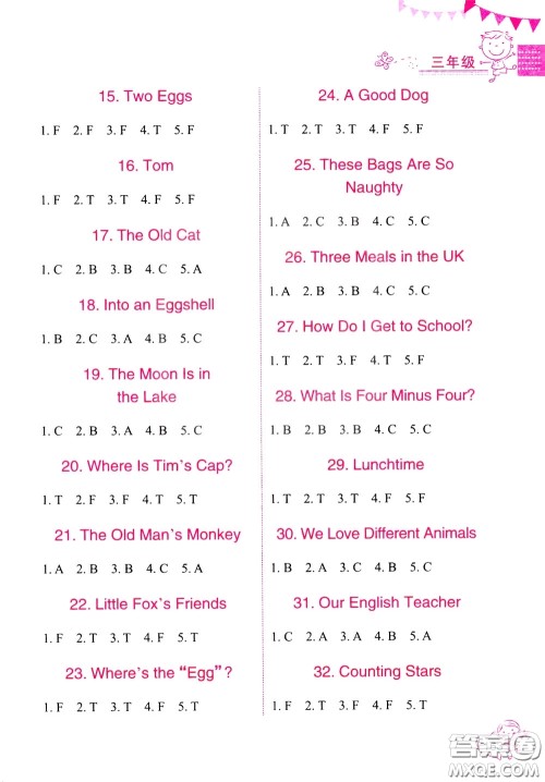 方洲新概念2020年小学生英语阅读能力训练100篇三年级参考答案 方洲新概念2020年小学生英语阅读能力训练100篇三年级参考答案