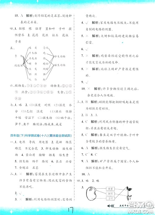 孟建平系列丛书2020年小学单元测试科学四年级下册J教科版参考答案