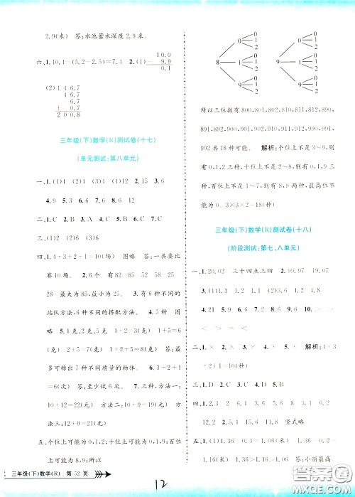 孟建平系列丛书2020年小学单元测试数学三年级下册JR人教版参考答案