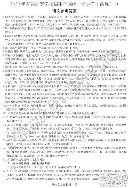 2020年普通高等学校招生全国统一考试考前演练一语文答案 2020年普通高等学校招生全国统一考试考前演练一语文答案