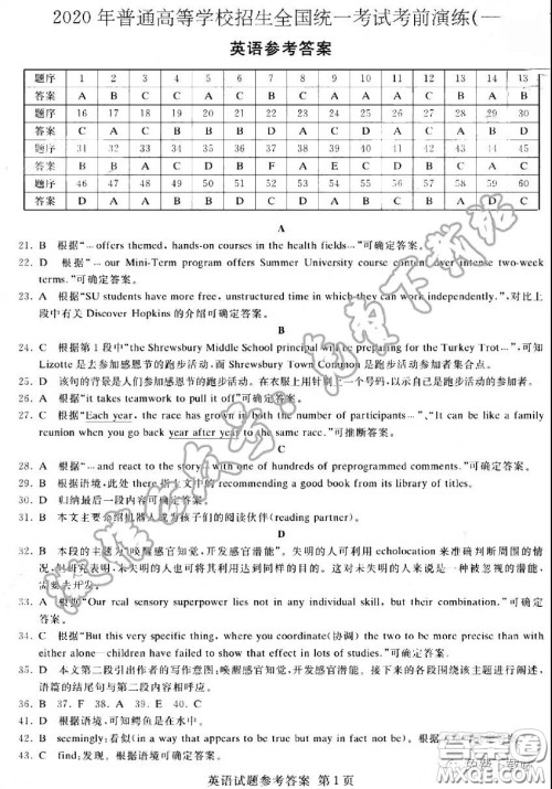 2020年普通高等学校招生全国统一考试考前演练一英语答案