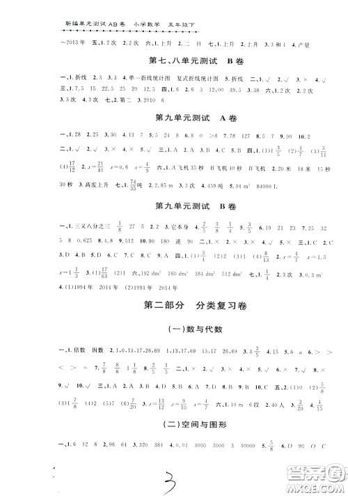 2020年新编单元测试AB卷小学数学五年级下册参考答案