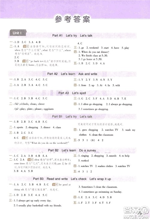 2020年黄冈同步练一日一练三年级起点英语5年级下册PEP人教版参考答案 2020年黄冈同步练一日一练三年级起点英语5年级下册PEP人教版参考答案