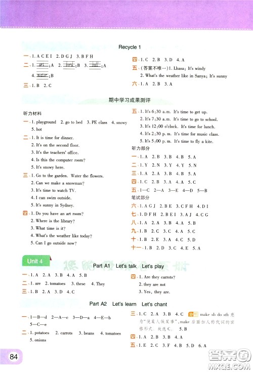 2020年黄冈同步练一日一练三年级起点英语4年级下册PEP人教版参考答案