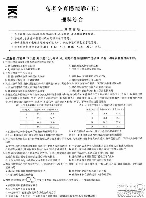 2020年天一大联考高考全真模拟卷五理科综合试题及答案 2020年天一大联考高考全真模拟卷五理科综合试题及答案